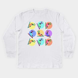 Birds of a feather flock together illustration with colorful pattern of woodland birds in silly daisy hats Kids Long Sleeve T-Shirt